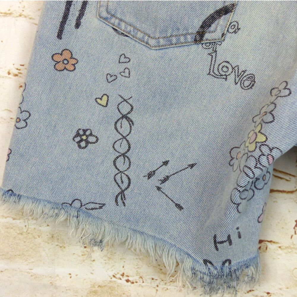 Wild Fable Denim Shorts Women 0 Doodle Print Bermuda Distressed High Rise Grunge - Picture 12 of 14